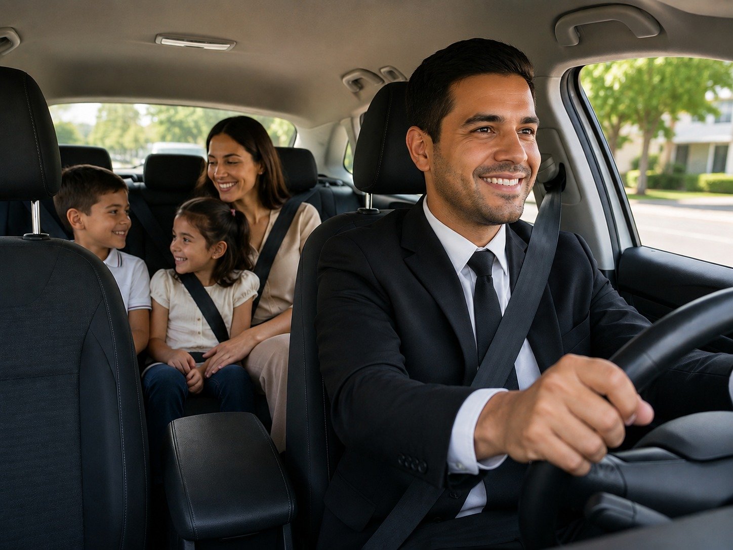 Chofer profesional transportando a una familia
