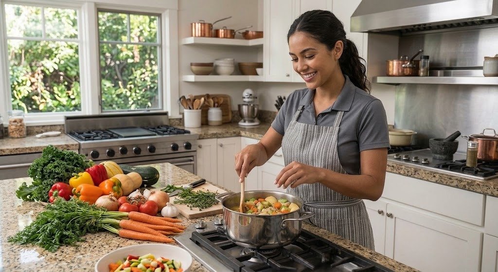 Cocinera preparando alimentos frescos en una cocina familiar